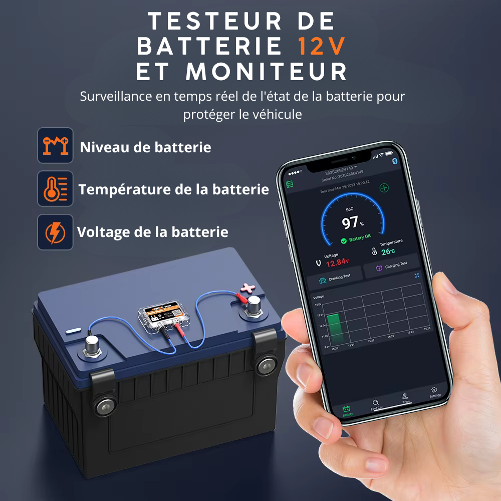 Testeur de batterie automobile 12V, moniteur de batterie automobile Bluetooth, testeur de charge de batterie avec alarme de test de démarrage et de charge, enregistrement de l'historique de tension, voltmètre pour voiture/c